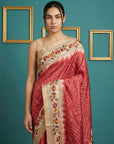 Red Soft Tussar Silk Saree Bandhani Floral Print Zari Border Traditional Saree With Blouse