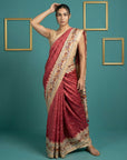 Red Soft Tussar Silk Saree Bandhani Floral Print Zari Border Traditional Saree With Blouse