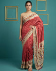 Red Soft Tussar Silk Saree Bandhani Floral Print Zari Border Traditional Saree With Blouse