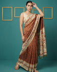 Rust Soft Tussar Silk Saree Bandhani Floral Print Zari Border Traditional Saree With Blouse