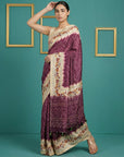 Wine Soft Tussar Silk Saree Bandhani Floral Print Zari Border Traditional Saree With Blouse