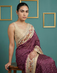 Wine Soft Tussar Silk Saree Bandhani Floral Print Zari Border Traditional Saree With Blouse