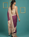 Wine Soft Tussar Silk Saree Bandhani Floral Print Zari Border Traditional Saree With Blouse