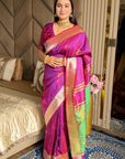 Magenta Soft Silk Ikkat Patola Saree with Meenakari Motifs Peacock Pallu and Gold Zari Border