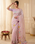 Baby Pink Original Glass Tissue Saree Designer Party Wear Saree With Multi Thread Embroidery Handwork Border Wedding Festive Saree
