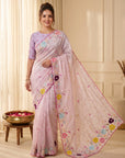 Baby Pink Original Glass Tissue Saree Designer Party Wear Saree With Multi Thread Embroidery Handwork Border Wedding Festive Saree