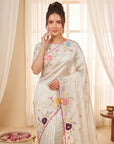 Cream Original Glass Tissue Saree Designer Party Wear Saree With Multi Thread Embroidery Handwork Border Wedding Festive Saree