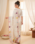 Cream Original Glass Tissue Saree Designer Party Wear Saree With Multi Thread Embroidery Handwork Border Wedding Festive Saree