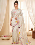 Cream Original Glass Tissue Saree Designer Party Wear Saree With Multi Thread Embroidery Handwork Border Wedding Festive Saree