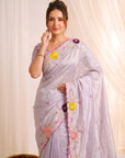 Lavender Original Glass Tissue Saree Designer Party Wear Saree With Multi Thread Embroidery Handwork Border Wedding Festive Saree