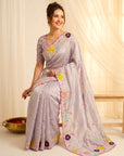 Lavender Original Glass Tissue Saree Designer Party Wear Saree With Multi Thread Embroidery Handwork Border Wedding Festive Saree