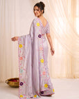 Lavender Original Glass Tissue Saree Designer Party Wear Saree With Multi Thread Embroidery Handwork Border Wedding Festive Saree