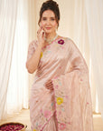 Peach Original Glass Tissue Saree Designer Party Wear Saree With Multi Thread Embroidery Handwork Border Wedding Festive Saree