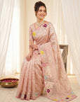 Peach Original Glass Tissue Saree Designer Party Wear Saree With Multi Thread Embroidery Handwork Border Wedding Festive Saree