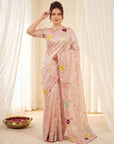 Peach Original Glass Tissue Saree Designer Party Wear Saree With Multi Thread Embroidery Handwork Border Wedding Festive Saree