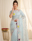 Sky Original Glass Tissue Saree Designer Party Wear Saree With Multi Thread Embroidery Handwork Border Wedding Festive Saree