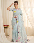 Sky Original Glass Tissue Saree Designer Party Wear Saree With Multi Thread Embroidery Handwork Border Wedding Festive Saree