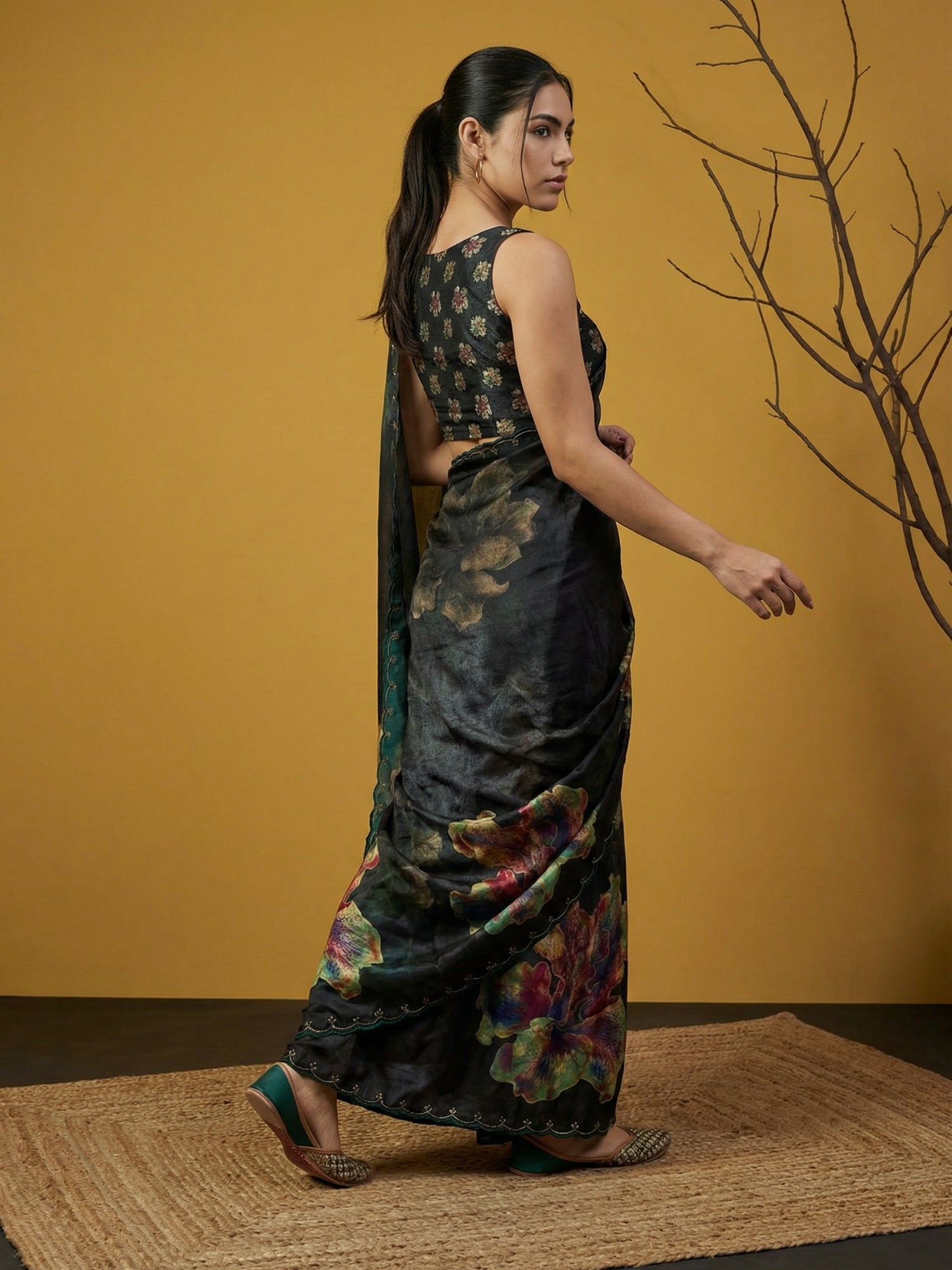 Fendy Satin Floral Printed Saree with Handwork Embroidery and Cutwork Aari Border