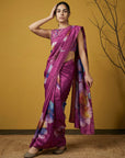 Fendy Satin Floral Printed DarkPink Saree with Handwork Embroidery and Cutwork Aari Border