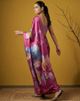 Fendy Satin Floral Printed DarkPink Saree with Handwork Embroidery and Cutwork Aari Border