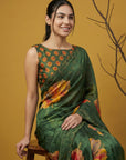 Fendy Satin Floral Printed Green Saree with Handwork Embroidery and Cutwork Aari Border