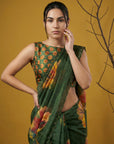 Fendy Satin Floral Printed Green Saree with Handwork Embroidery and Cutwork Aari Border