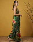 Fendy Satin Floral Printed Green Saree with Handwork Embroidery and Cutwork Aari Border