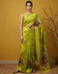 Fendy Satin Floral Printed Mehendi Saree with Handwork Embroidery and Cutwork Aari Border