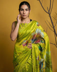 Fendy Satin Floral Printed Mehendi Saree with Handwork Embroidery and Cutwork Aari Border