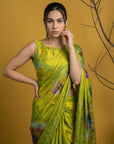 Fendy Satin Floral Printed Mehendi Saree with Handwork Embroidery and Cutwork Aari Border