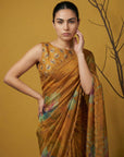 Fendy Satin Floral Printed Mustard Saree with Handwork Embroidery and Cutwork Aari Border