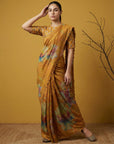 Fendy Satin Floral Printed Mustard Saree with Handwork Embroidery and Cutwork Aari Border