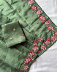 Green Pure Crush Silk Multicolor Floral Designer Embroidered Saree