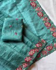 Teal Blue Pure Crush Silk Multicolor Floral Designer Embroidered Saree