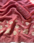 Coral Pink Pure Chanda Silk Applique Work Designer Saree
