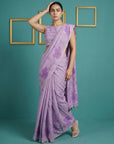 Lavender Soft Muga Cotton Saree with Resham Weaving Butties & Floral Pencil Art Pallu