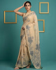 Chickoo Soft Muga Cotton Saree with Resham Weaving Butties & Floral Pencil Art Pallu