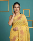 Yellow Soft Muga Cotton Saree with Resham Weaving Butties & Floral Pencil Art Pallu