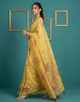 Yellow Soft Muga Cotton Saree with Resham Weaving Butties & Floral Pencil Art Pallu