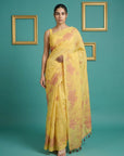 Yellow Soft Muga Cotton Saree with Resham Weaving Butties & Floral Pencil Art Pallu