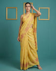 Yellow Soft Muga Cotton Saree with Resham Weaving Butties & Floral Pencil Art Pallu