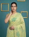Green Soft Muga Cotton Saree with Resham Weaving Butties & Floral Pencil Art Pallu