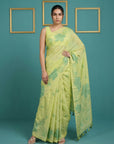 Green Soft Muga Cotton Saree with Resham Weaving Butties & Floral Pencil Art Pallu