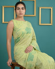 Green Soft Muga Cotton Saree with Resham Weaving Butties & Floral Pencil Art Pallu