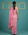 Pink Soft Muga Cotton Saree with Resham Weaving Butties & Floral Pencil Art Pallu