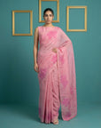 Pink Soft Muga Cotton Saree with Resham Weaving Butties & Floral Pencil Art Pallu
