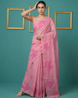 Pink Soft Muga Cotton Saree with Resham Weaving Butties & Floral Pencil Art Pallu