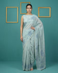 Sky Blue Soft Muga Cotton Saree with Resham Weaving Butties & Floral Pencil Art Pallu