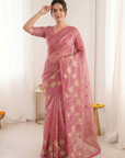 Coral Pure Oris Silk Saree with Embroidered Lotus Buttis & Applique Border