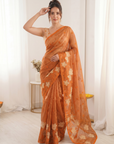Orange Pure Oris Silk Saree with Embroidered Lotus Buttis & Applique Border